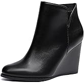 LAICIGO Womens V Cut Wedge Ankle Booties Zip-up Closed Toe Stacked Heel Faux Suede Winter Boots