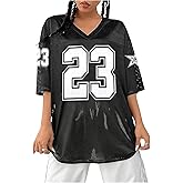 Oversized Jersey Women V Neck Tshirt Number Graphic Tee Y2k Streetwear Short Sleeve Top