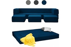 Mjkone Queen Convertible Velvet Futon Sofa Bed with 3 Ottomans, Memory Foam Fold Out Couch Bed, Foldable Floor Sofa, Guest Sleeper for Living Room, Blue