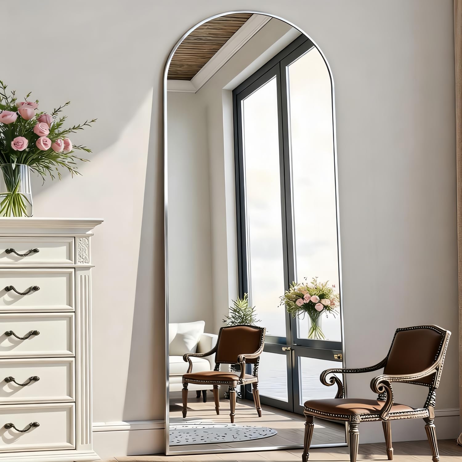 Photo 1 of ***SMALL SCRATCHES IN MIDDLE OF MIRROR***Rowjut Floor Mirror Arched Full Length Mirrors, Mirror Full Length Standing Hanging or Leaning Against Wall, 59"x18" Large Full Body and Wall Mounted Mirror for Bedroom Living Room, Silver***SMALL SCRATCHES IN MIDD