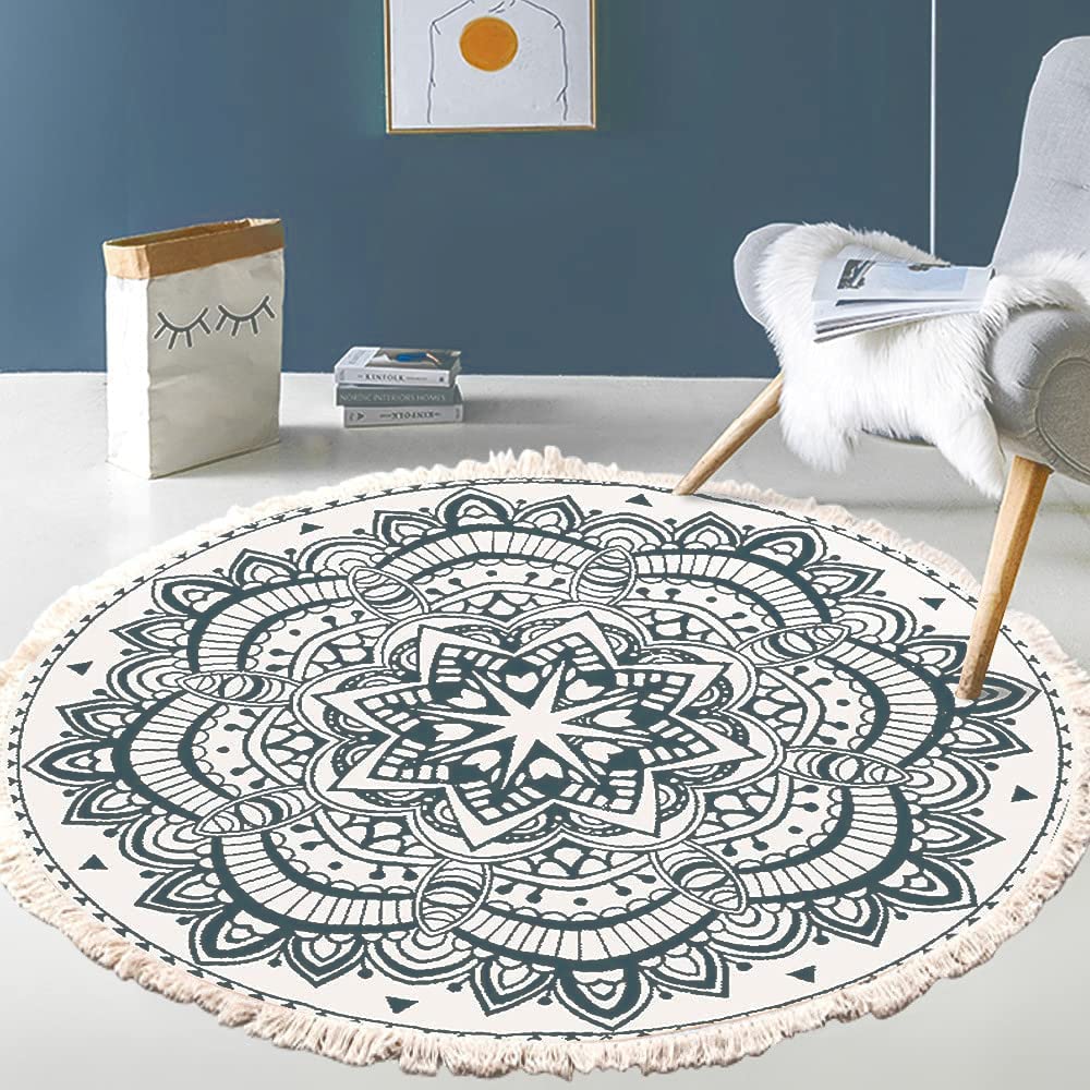 Vintage Boho Cotton Rugs Mandala Pattern Washable Hand-Woven Bohemian Round Rug with Tassels for Bedroom Hallway Living Room Coffee Table Doormats, Machine Washable, 60 cm Flowers #2 — image 1