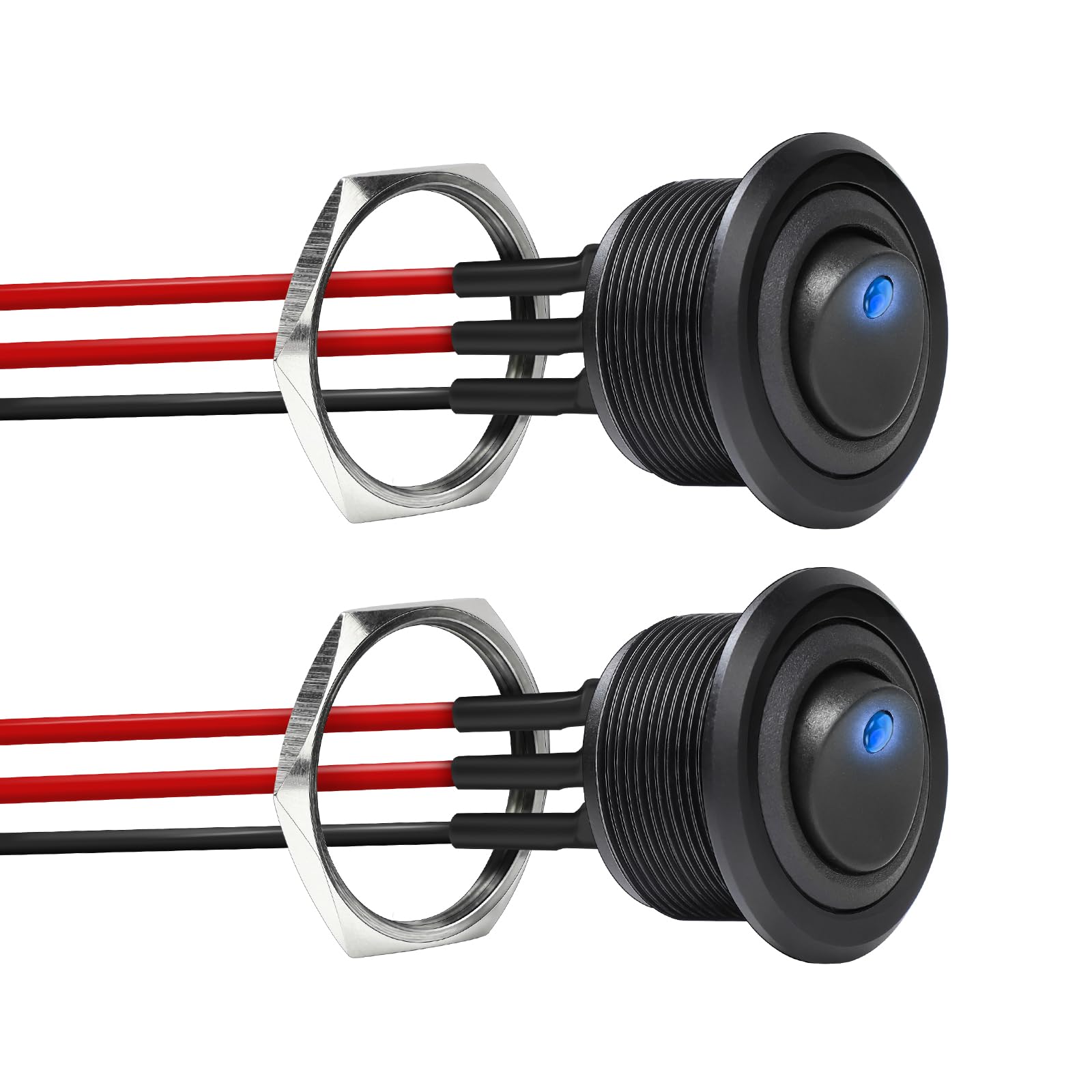 Photo 1 of 12V Aluminum Round Rocker Switch Red Lighted Toggle Switch 20A SPST 12V/24V On/Off Switch w/ 14 AWG Pre-Wired Leads for RV Boat Truck Car Automotive, 1” Drill Hole (Blue Lighted-2Pcs)