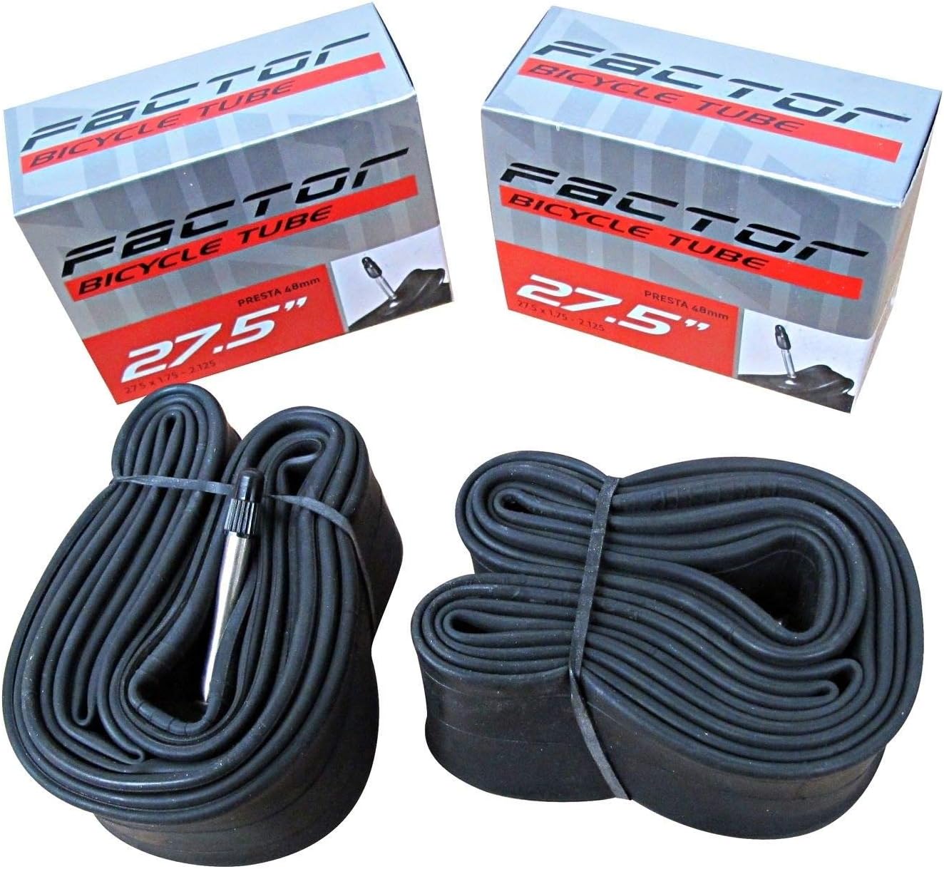 Factor Bicycle Inner Tubes 27.5 x 1.75-2.125 (650B), Presta 48mm Valve (2 Pack) for Mountain Bikes MTB