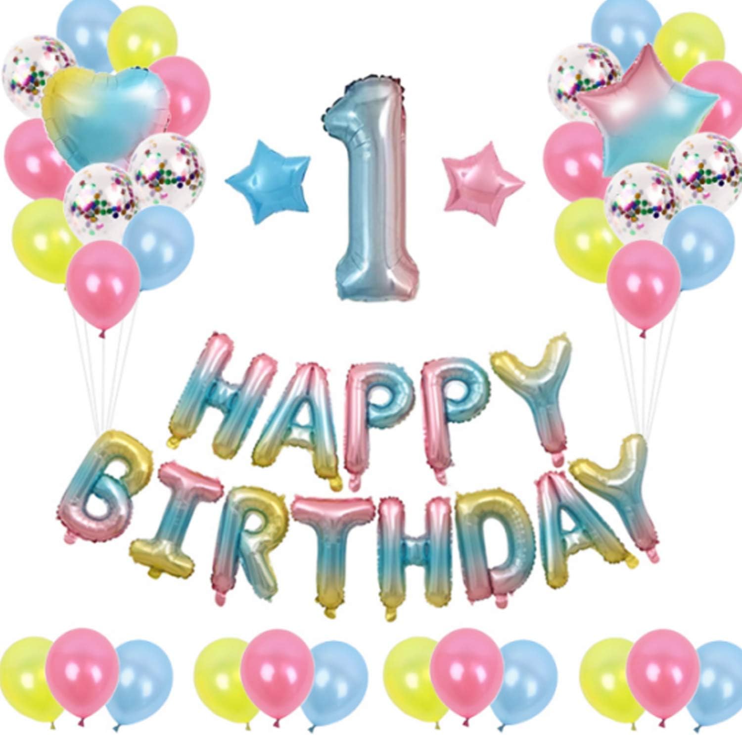 onehous Colorful 1st Birthday Party Decorations Kit 53PCS Happy Birthday Banner Balloon Party Decorations for Girls Women Party Supplies Happy Birthday Star Heart Foil Balloons Latex Balloons