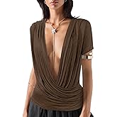 SOLY HUX Women's Deep V Neck T Shirts Short Sleeve Draped Fitted Sexy Tops Summer Date Night Outfit