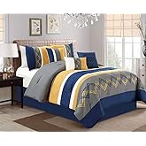 Chezmoi Collection Arden 7-Piece Modern Pleated Stripe Embroidered Zigzag Bedding Comforter Set (Queen, Navy/Gray/Yellow/White)