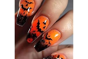 LOPMNGHT Halloween Press on Nails Medium Ballet Shaped Artificial Acrylic Nail Bat Pattern Design Halloween Orange False Nails Full Cover Coffin Glue on Nails for Women Festival Manicure 24Pcs