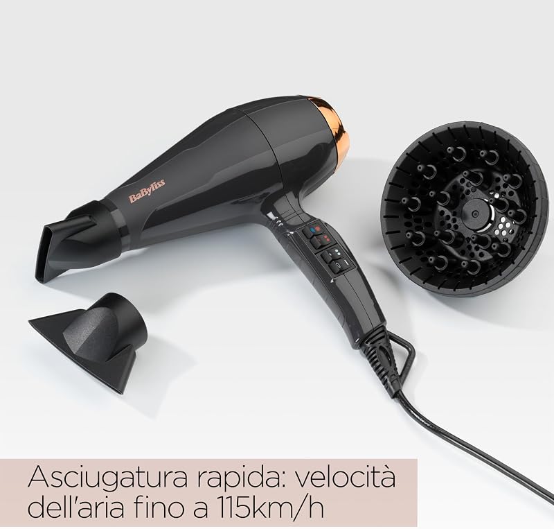 Asciugacapelli MADE IN ITALY Air Pro, Motore AC Phon Capelli Professionale, 2200W, Diffusore Capelli Ricci, funzione anti-crespo, 2 velocità - 2 impostazioni di calore, nero, 6719DE