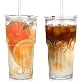 AUFXKOO 20oz Glass Tumblers with Lids and Straws,2PCS Glass Cups with Lids and Straws,Iced Coffee Cups with Lid,Drinking Glasses for Juice, Smoothies
