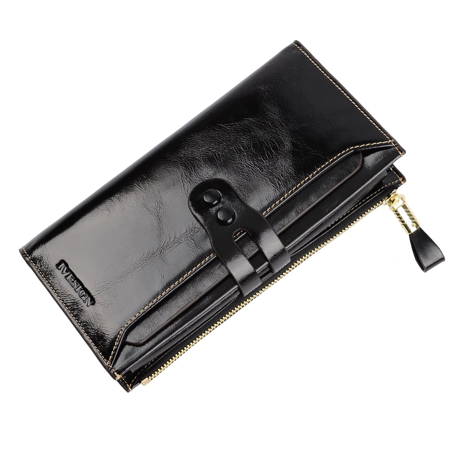 IVESIGN Womens Genuine Leather Wristlet Zipper Clutch Wallet RFID Blocking Credit Card Phone Holder Hand Purse Large Capacity (C-Black)