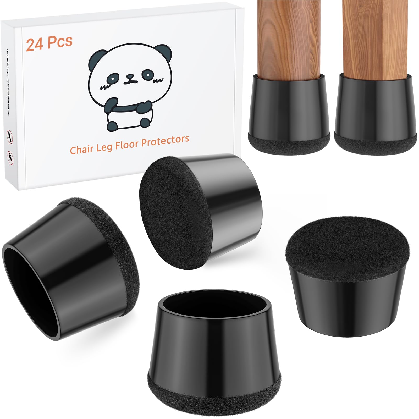 Meldel Chair Leg Floor Protectors Medium Size 24PCS - Furniture Felt Silicone Integrated Chair Foot Pads/Cups/Covers/Dark-Black/Rubber - Protect Floors from Scratches,Reduce Noise