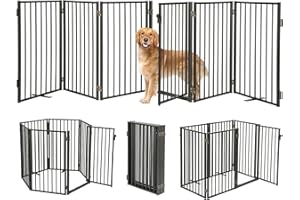 PAULMELE Metal Freestanding Dog Gates with Door,Indoor&Outdoor Pet Fences for Puppy Dogs,Extra Wide Black Free Standing Foldable Tall Dog Gate for Doorways,House,Stairs,Porch,Deck,Yard(6 Panels 32''H×120''W)