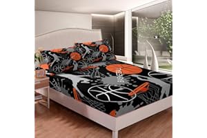 FEELYOU Basketball Fitted Sheet for Kids Boys Girls Teens Sport Theme 3D Basketball Star Slam Dunk Bed Sheet Set Skin-Friendly Microfiber Bed Cover Decor 2Pcs Bedding Set with 1 Pillowcase Twin
