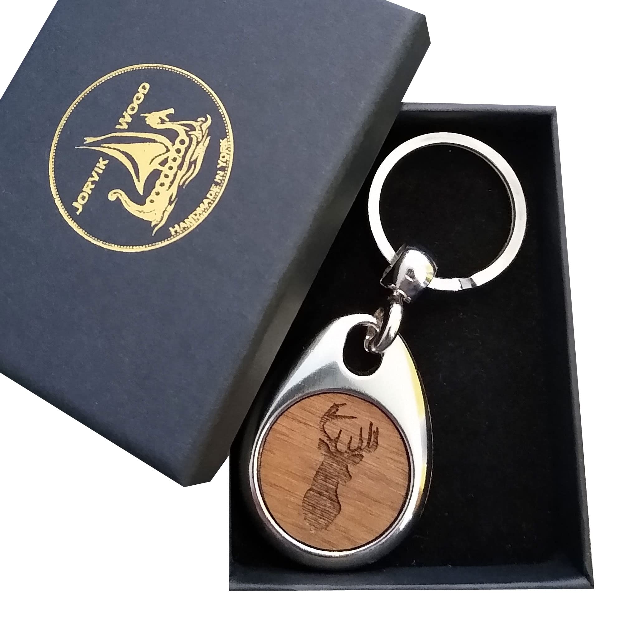 Jorvik Wood Stag Design Wooden Keyring with Gift Box
