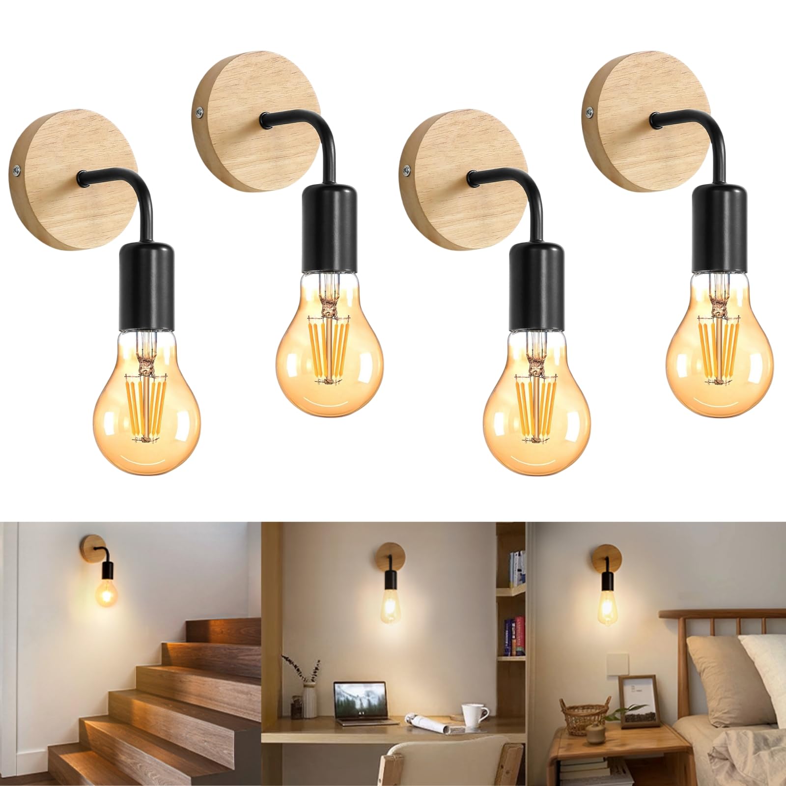 Dorlink Vintage Wall Lights, 4 Packs E27 Wooden Industrial Wall Lights for Living Room, Black Metal Wall Lamp for Bedrooms,Kitchen, Bedside, Dining Room, Hallway, Staircase