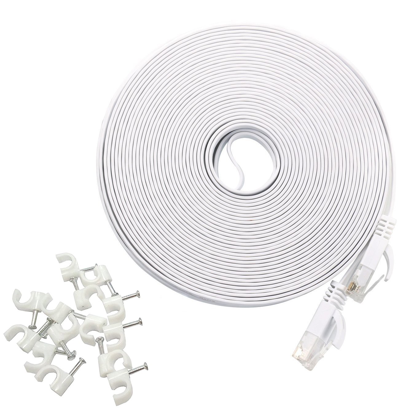 HANYUN Cat6 1000Mbps 250MHz Flat Ethernet Patch internet Cable (50 ft / 15 Meters - White) with Cable Clips with RJ45 Connectors Ultra Speed Gigabit for Modem Router LAN Printer MAC Laptop