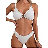 ZAFUL Women's Sexy Triangle Bikini Set O Ring Linked Two Piece Swimsuits Textured Ruched Cheeky Bathing Suit