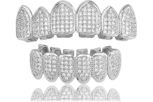 IUODEN Iced out Diamond Teeth Grillz for Women Men, Gold Plated Vampire Accessories, Top and Bottom Grills Set, Rapper Costume Mouth Grills for Music Festival, Halloween, Party Decoration (Silver set)