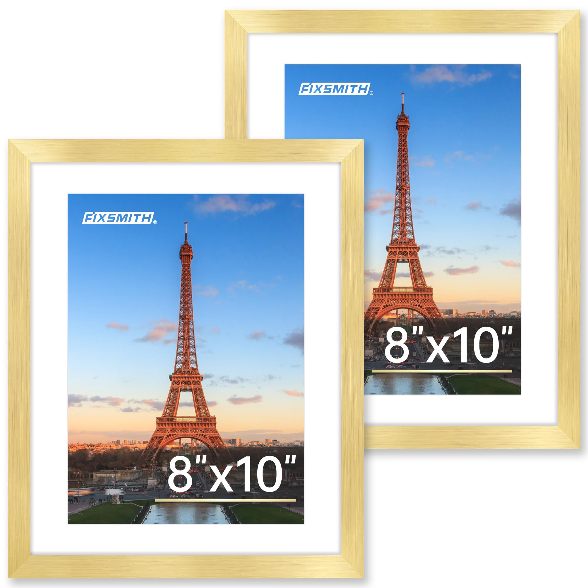 Photo 1 of FIXSMITH 8x10 Picture Frame Set of 2, Gold Picture Frames Collage for Tabletop or Wall Display, Photo Frame with HD Plexiglass, Display Pictures 5x7 with Mat or 8x10 Without Mat