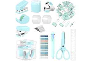 AURORAY Mini Office Supplies, Turquoise Green School Supplies with Sticky Notes,Mini Stapler,Tape Dispenser,Hole Punch,Staple Remover,Staples,Clips,Scissor,Pen (Green)