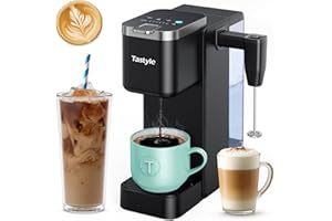 Tastyle Single Serve Coffee Maker with Built-in Detachable Milk Frother, Iced and Hot Coffee Machine for K Cup & Grounds, 40oz Removable Water Reservoir, 6 Cup Sizes, Fits 7.3" Travel Mug, Black