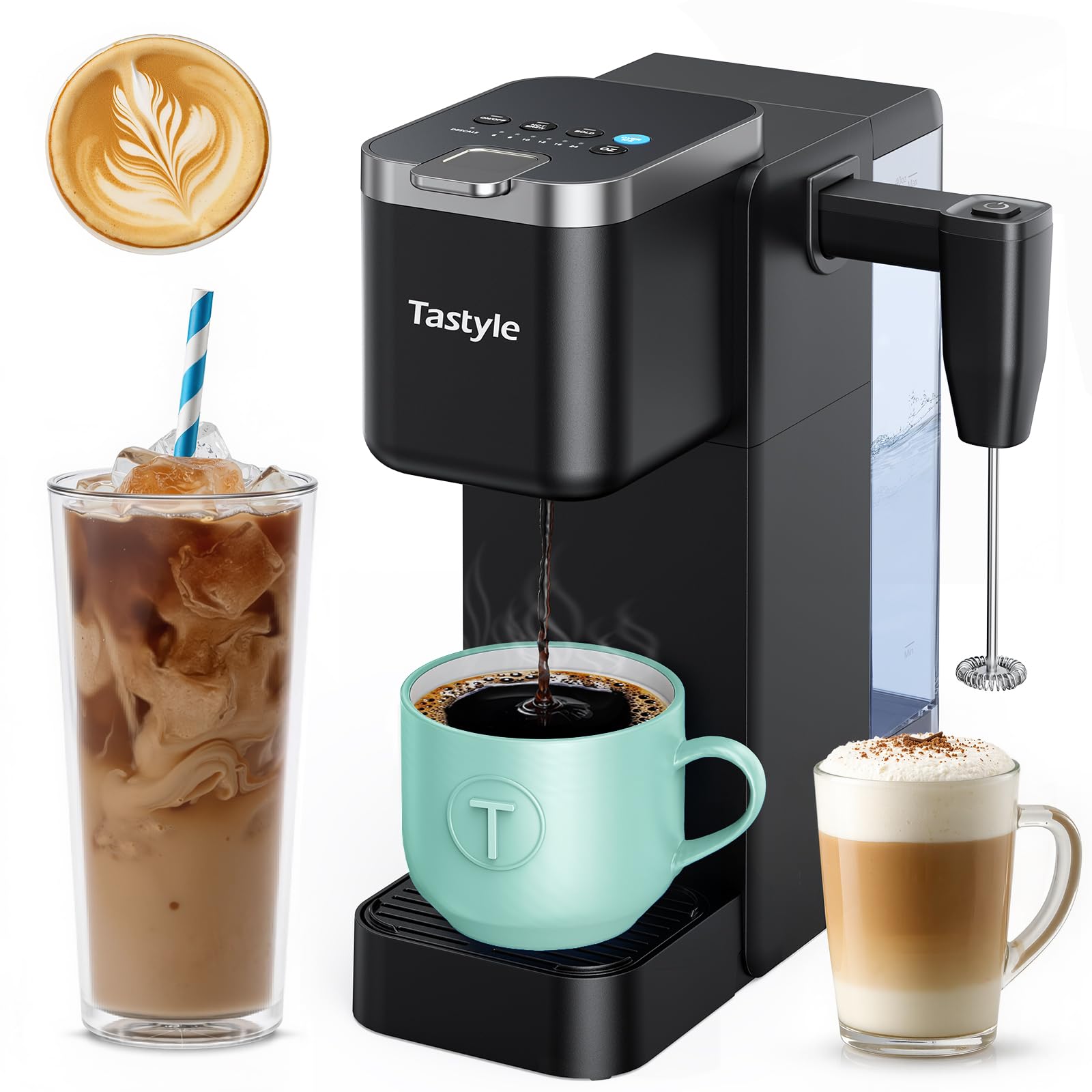 Photo 1 of *Untested*
Tastyle Single Serve Coffee Maker with Built-in Detachable Milk Frother, Iced and Hot Coffee Machine for K Cup & Grounds, 40oz Removable Water Reservoir, 6 Cup Sizes, Fits 7.3" Travel Mug, Black