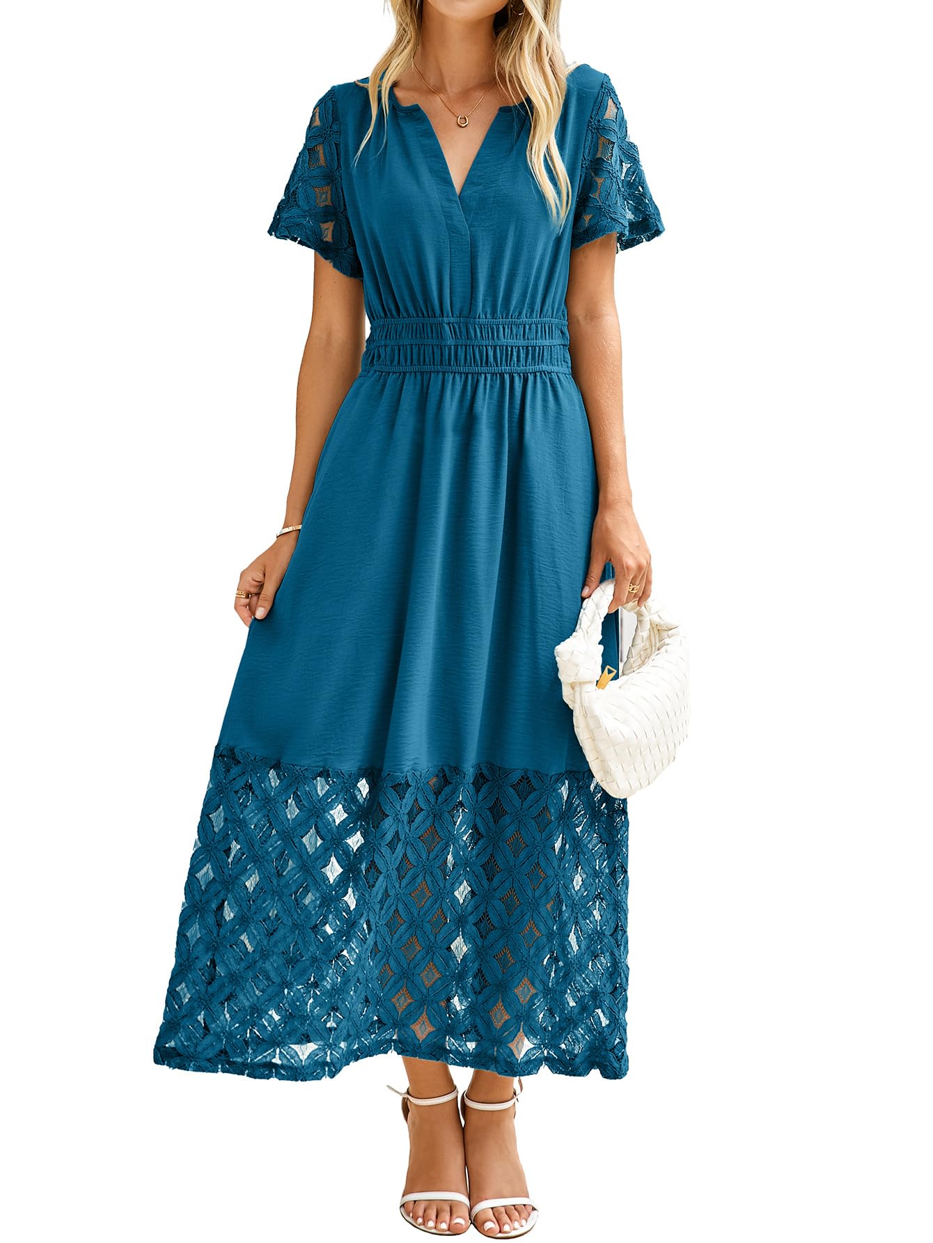 Photo 1 of Simplee Womens Summer Semi Formal Maxi Dresses Modest V Neck Short Sleeve Dress for Wedding Guest (Ink Blue S)