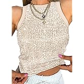 Testudineus Womens Sequin Crop Tank Tops Sleeveless Sparkly Crop Shirt Glitter Concert Disco Party Club Top Tee