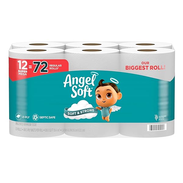 ANGEL SOFT TOILET PAPER, 12 SUPER MEGA ROLLS...