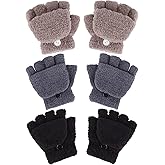 Boao 3 Pairs Kids Fingerless Convertible Gloves Soft Knitted Flip Top Mittens Winter Gloves for Boys and Girls