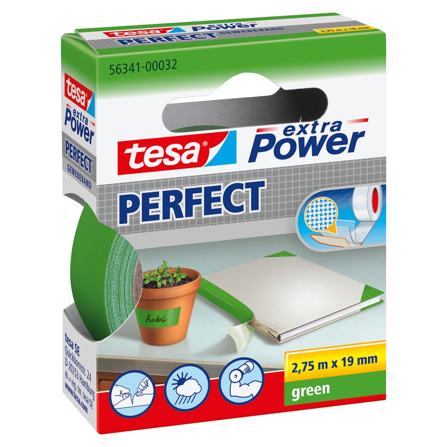 tesa Extra Power Perfect Cloth Tape - Fabric-Reinforced Repairing Tape for Crafting, Repairing, Fastening, Reinforcing and Labelling - Green - 2.75 m x 19 mm