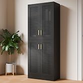 Cozy Castle Kitchen Pantry Cabinet, 71" Tall Rattan Doors Storage Cabinet and Adjustable Shelves, Modern Farmhouse Wood Cupboard Utility Hutch for Kitchen, Dining Room, Living Room (Black)