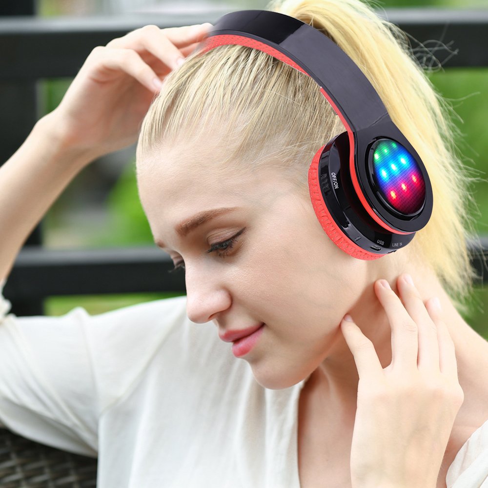 Ecandy Bluetooth Headphones w/Led Wireless/Wired Stereo Music Foldable Over-ear Hifi Sound With Microphones Hands-free Handsfree Calling for Iphone 6 6S Plus Samsung,Android Smartphone,Tablet (Red)