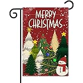 Merry Christmas Garden Flag Double Sided 12x18 Inch Christmas Trees Snowman Winter Holiday Garden Flags for Outside Yard Decoration Red
