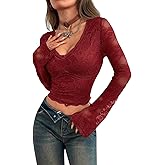 KWSTAIN Lace Tops for Women Going Out Bell Long Sleeve Eyelash Floral V Neck See Through Crop Blouses Shirts 2025 Fall Trendy