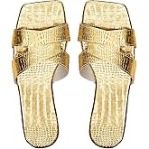 GORGLITTER Women's Dressy Gold H Band Flats Sandals Summer Beach Vacation Square Open Toe Strappy Slide Sandals Trendy 2026