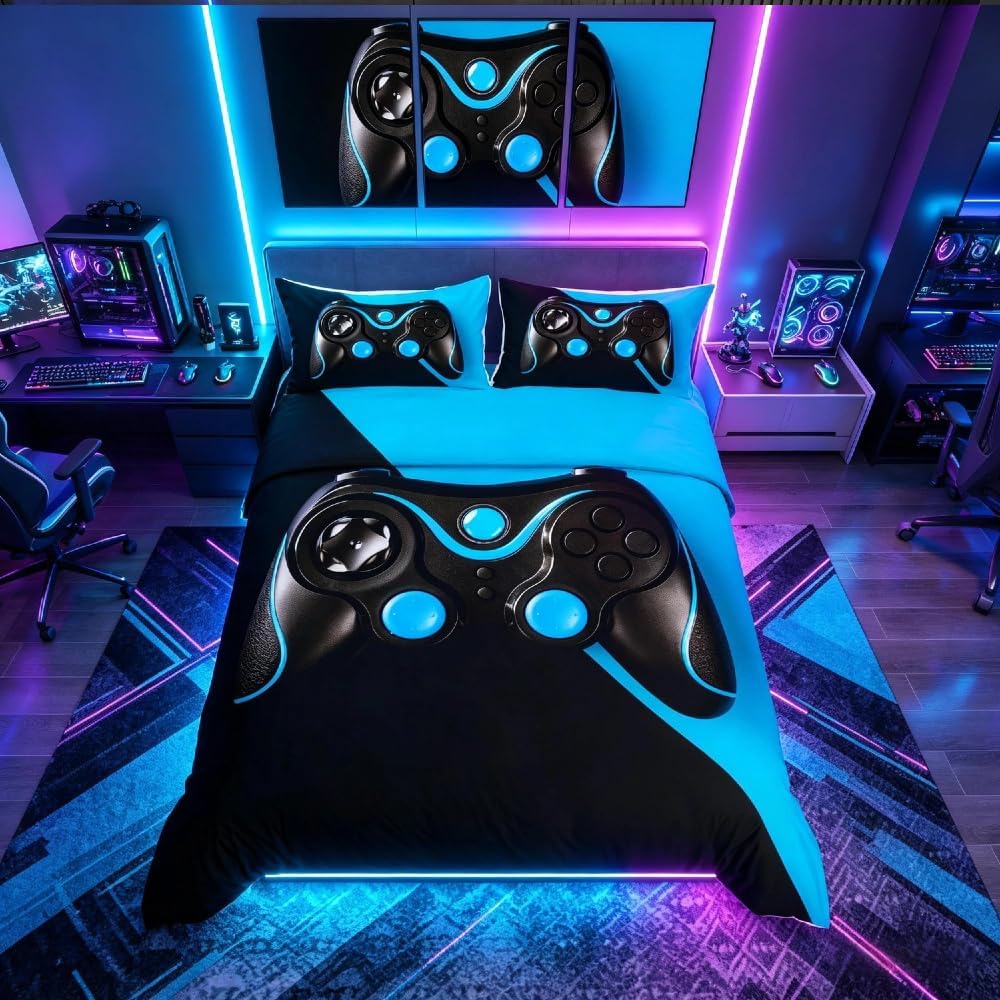 Loussiesd Gamepad Duvet Cover Black Blue 3Pcs Kids Teens Bedding Set