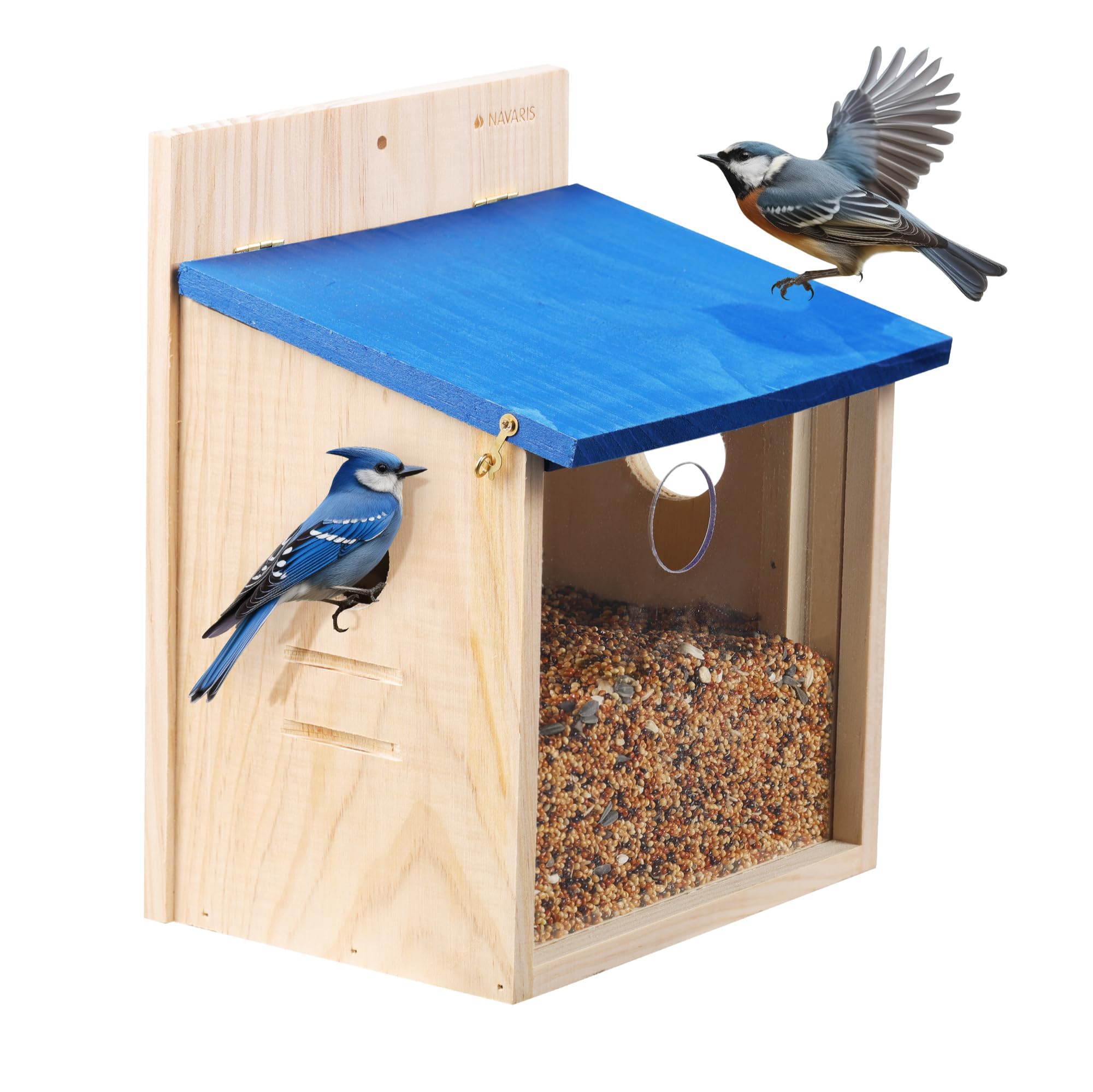 Navaris Wooden Bird Feeder House - Wall Mounted Garden Decor for Birds with Blue Roof - Outdoor Feeding Station with Exchangeable Wood and Clear Front Panels