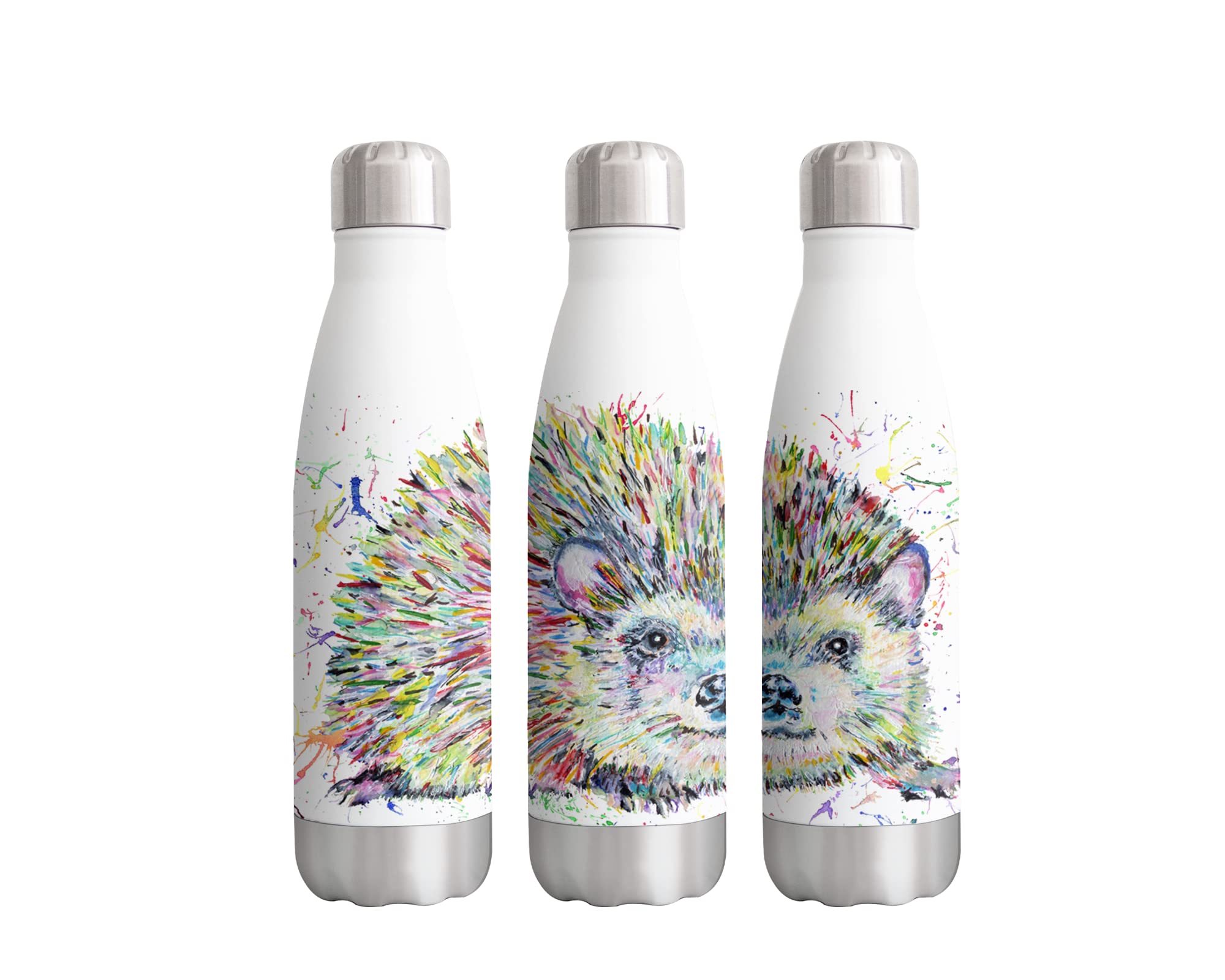Hedgehog British Wildlife Watercolour Rainbow Art Bottle Double Wall Insulated Stainless Steel Sport Drinks 500ml White Gift Ideal for School Work Office Oudoor Sports Keeps Hot and Cold Drinks