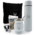 Complete Yerba Mate Kit - Includes Mate Cup, Straw (Bombilla), 750ml Thermos, Bag and two gifts (Container Yerbero and Car Immersion Heater) - Stainless Steel Yerba Mate Set (White)