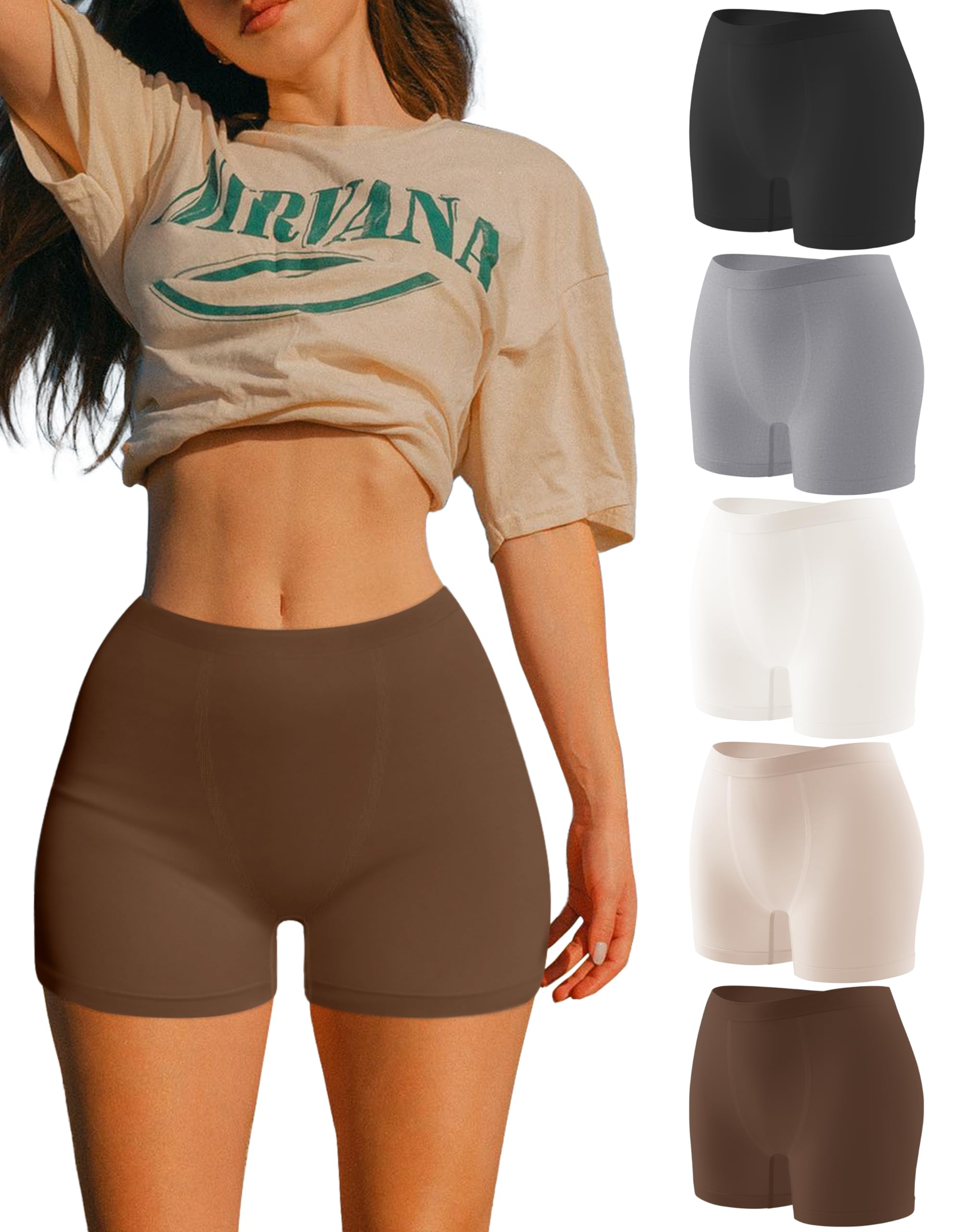 Photo 1 of OLCHEE Womens Boyshorts Underwear Panties Seamless High Waisted Boxer Briefs 3.9" Inseam Comfy Stretch Shorts 5 Pack, Black White Beige Brown Grey, Large