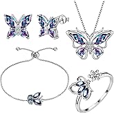 Aurora Tears Butterfly Jewelry Set,925 Sterling Silver Butterflies Birthstone Pendant Necklace/Earrings/Rings/Bracelets for Wedding Gift
