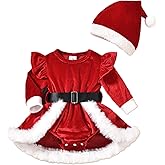 BULINGNA Newborn Baby Girl Velvet Christmas Outfit Long Sleeve Fur Trim Ruffle Romper Dress with Santa Claus Hat Belt Set