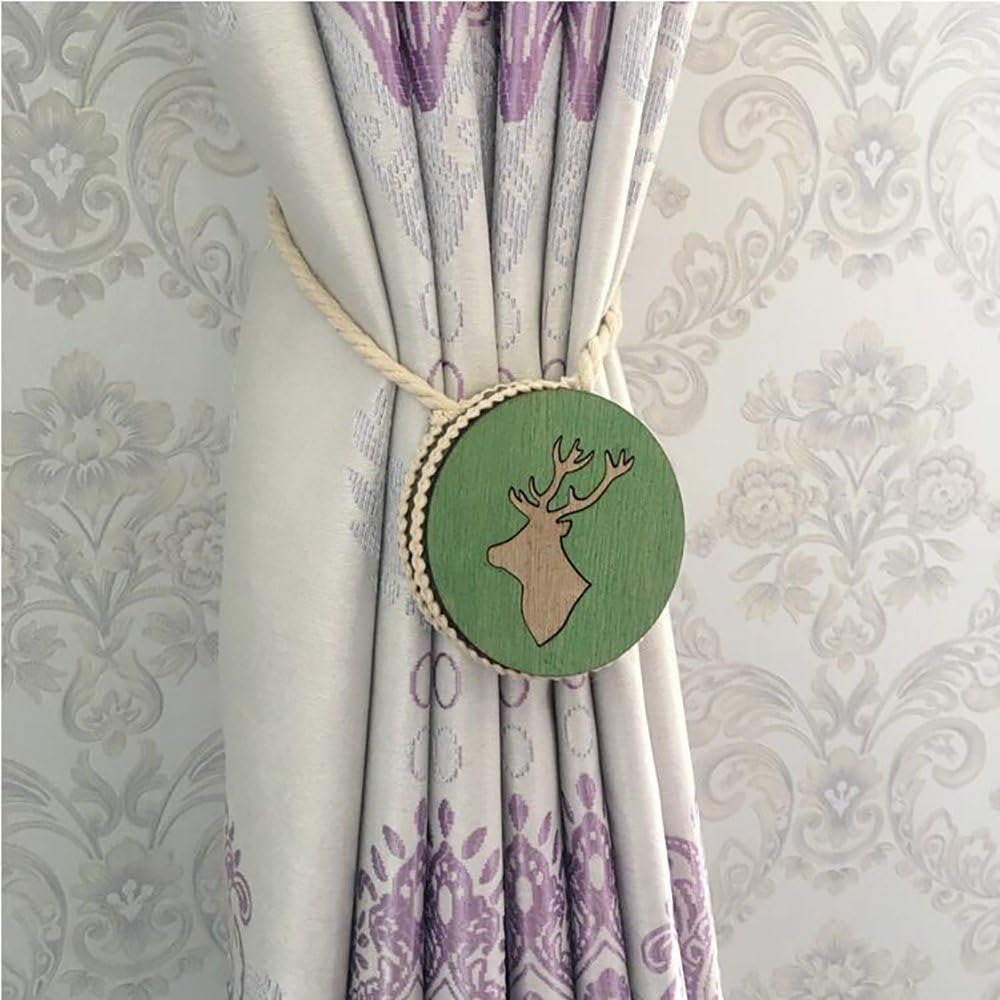 Vankra Nordic pastoral style Wooden Hand Caved Curtain Rope Creative Magnetic Tieback Painted Reindeer Curtain Clips (One Pair) (Green)
