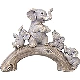 SHENGTIAN Resin Elephant Family Statue, Cute Lucky Elephant with 3 Baby Elephants on Wooden Bridge Figurines Decor for Home, Office, Wedding, Party, More