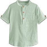 Malliosse Boys Short Sleeve Henley Shirt Button Up Linen Cotton Dress Shirts Tees Tops with One Pocket