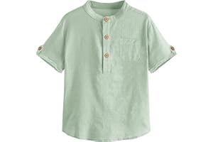 Malliosse Boys Short Sleeve Henley Shirt Button Up Linen Cotton Dress Shirts Tees Tops with One Pocket