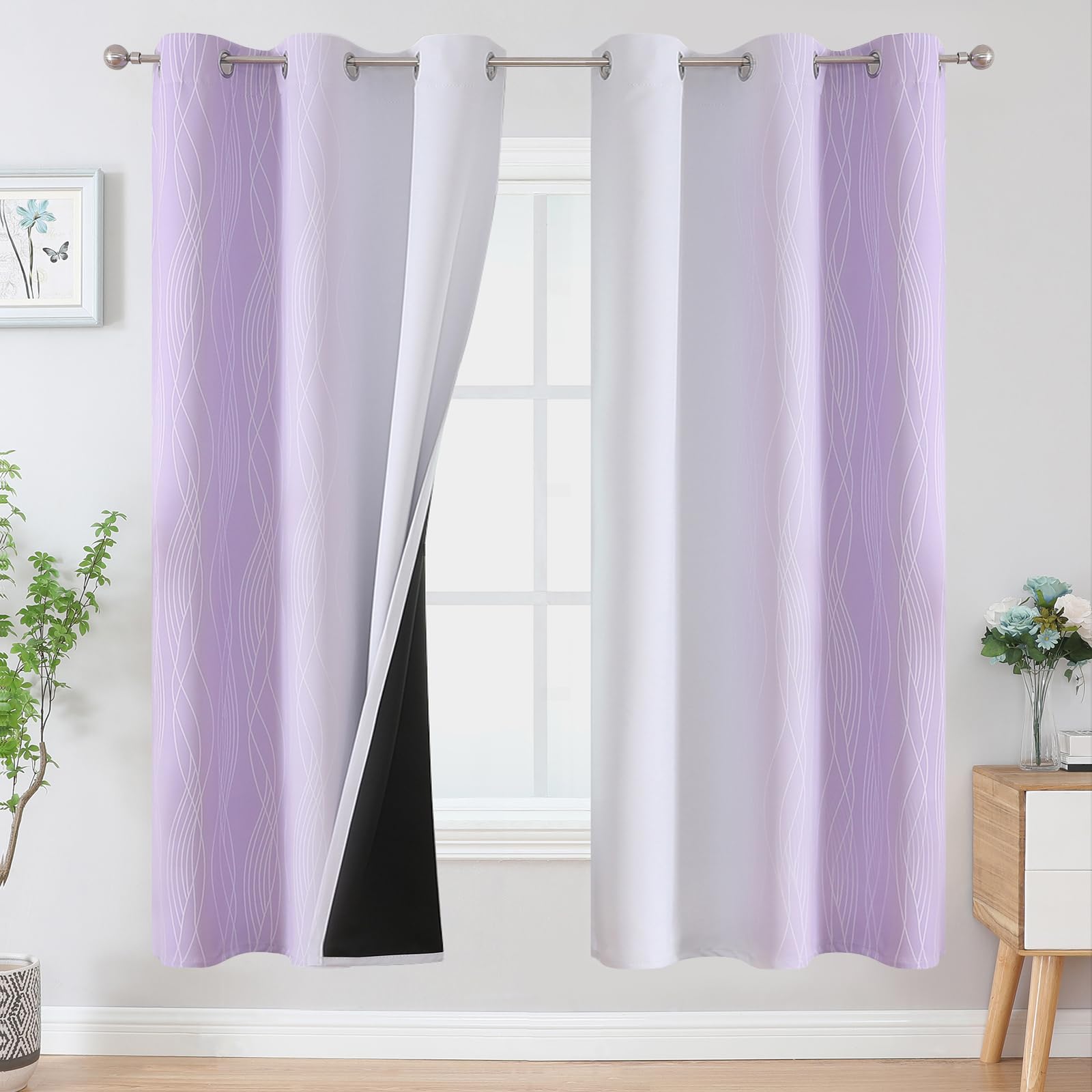 VEHEDE Thermal Insulated Noise Reducing Ombre Blackout Curtains 72 Inch Drop for Bedroom, Light Blocking Eyelet Drapes for Living Room, 2 Panels W42 x L72(107cm x 183cm) Lilac and Greyish White
