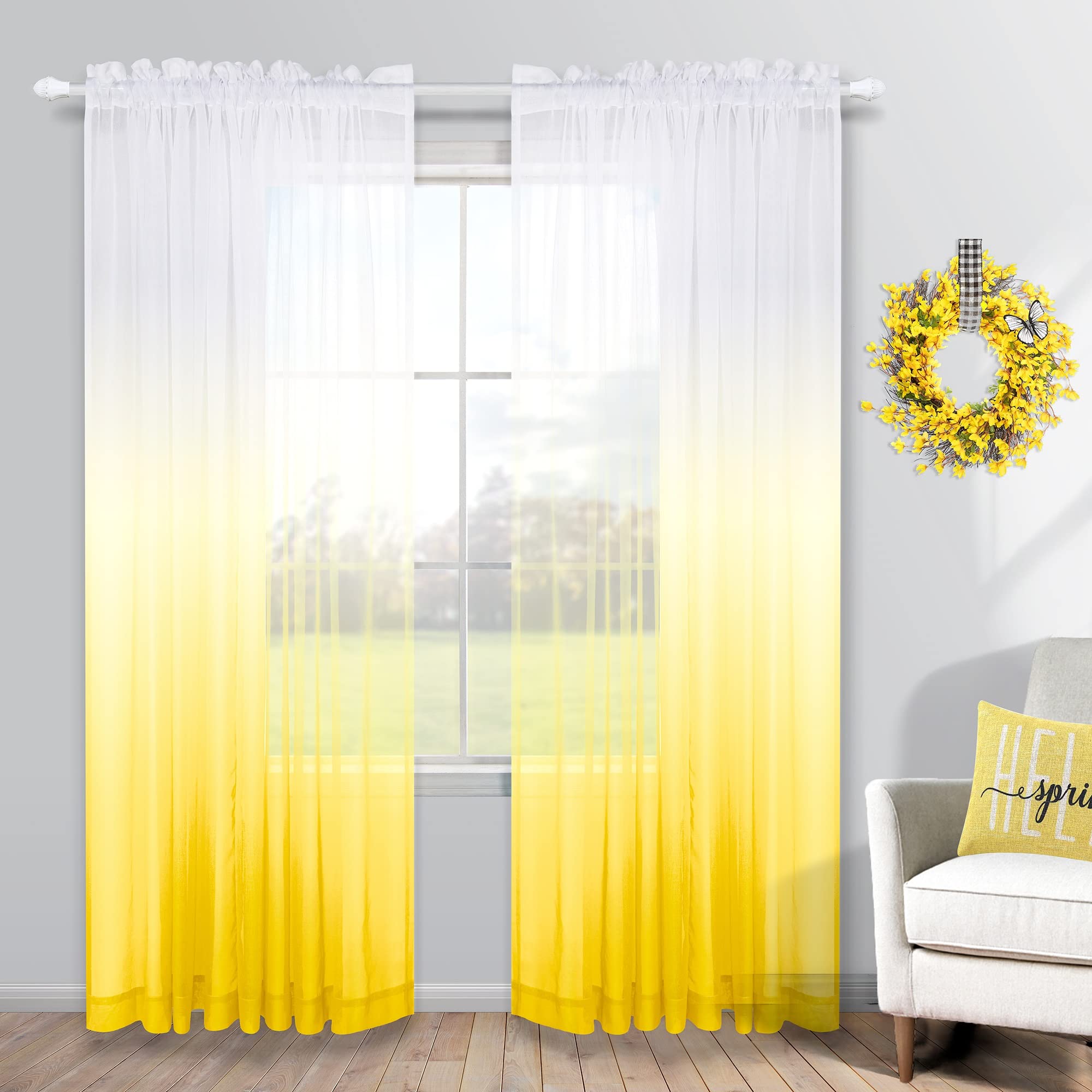 KOUFALL Spring Yellow Sheer Curtains 84 Inches Long, Bright Yellow and White Summer Curtains for Living Room, 2 Panel Set, Lemon Yellow