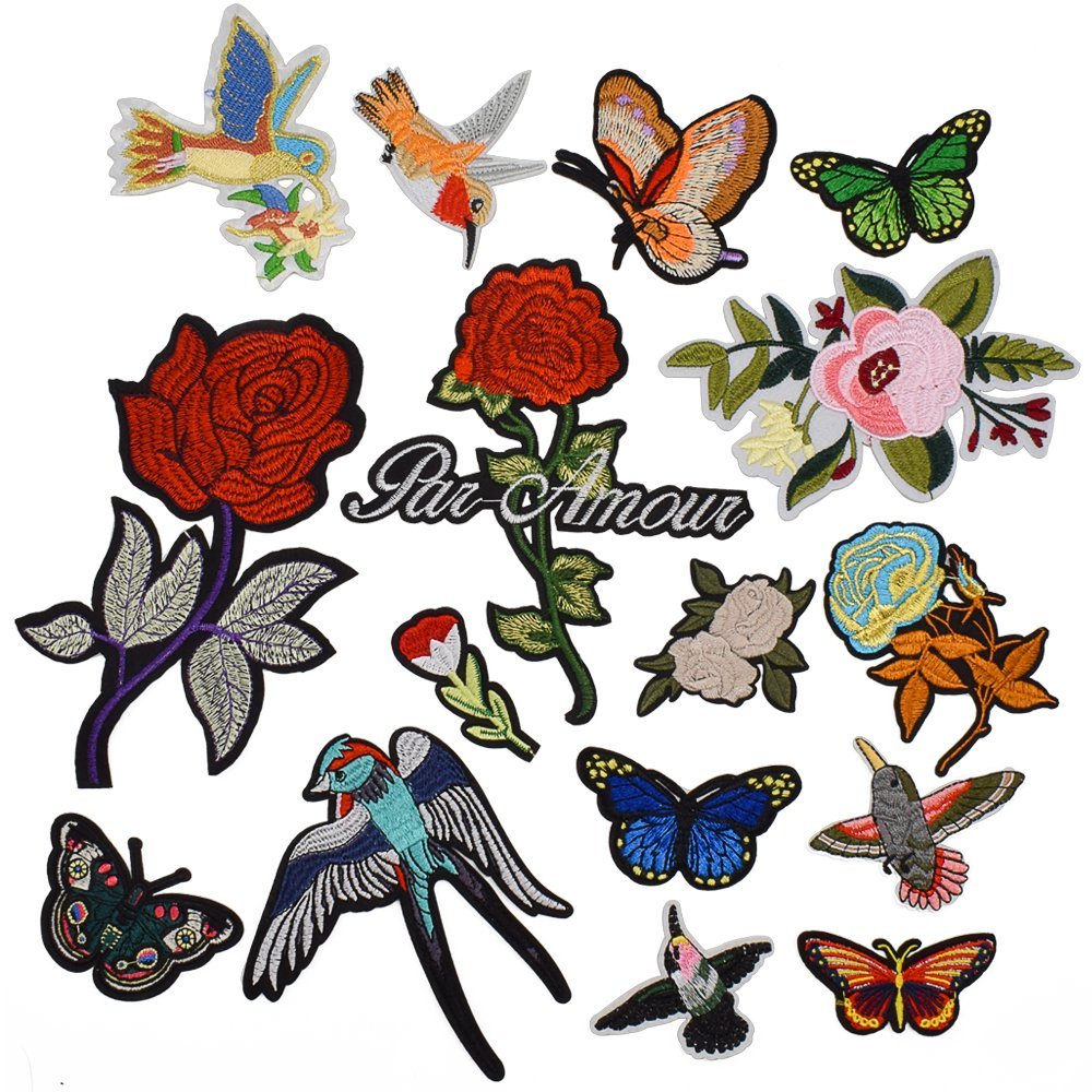 DIY Iron on Patches-OKEER 17Pcs Large Size Flower Birds Butterfly Inserts Embroidery Iron Sewing On Applique Patches for Jackets Backpacks Jeans Clothing (Patch - Flower)